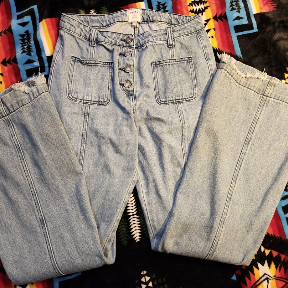 Vintage flare button waist jeans seam detail womens